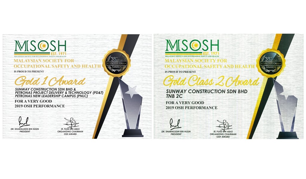 MSOSH OSH Award 2019 - Gold Class 1 Award, PNLC Project | Gold Class 2 Award, TNB HQ Campus Project